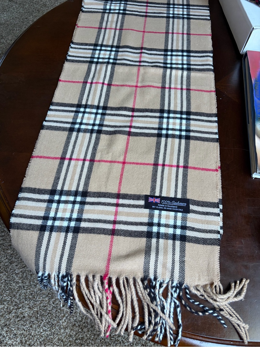 Beige Plaid Cashmere Scarf with Black & Red Check - Picture 3 of 4